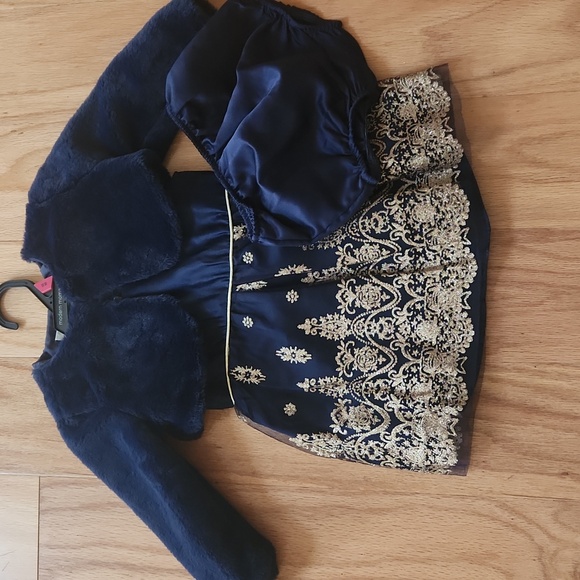 Rare Editions Navy and Gold Dress with Plush Shrug Diaper Cover Panty 24 Months - Picture 1 of 17